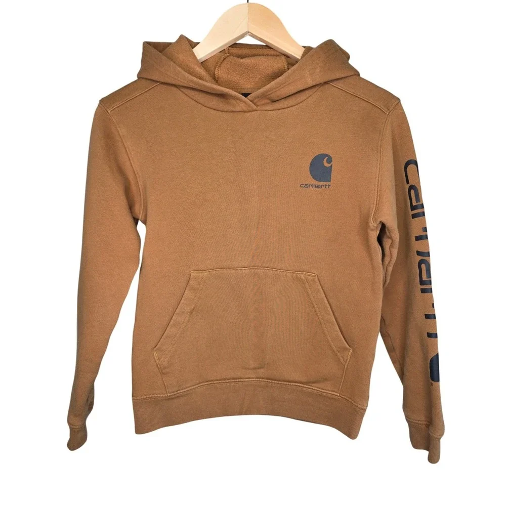 Carhartt Pullover Hoodie Kids M 10-12 Brown Logo Graphic Sleeve Workwear TS6272B